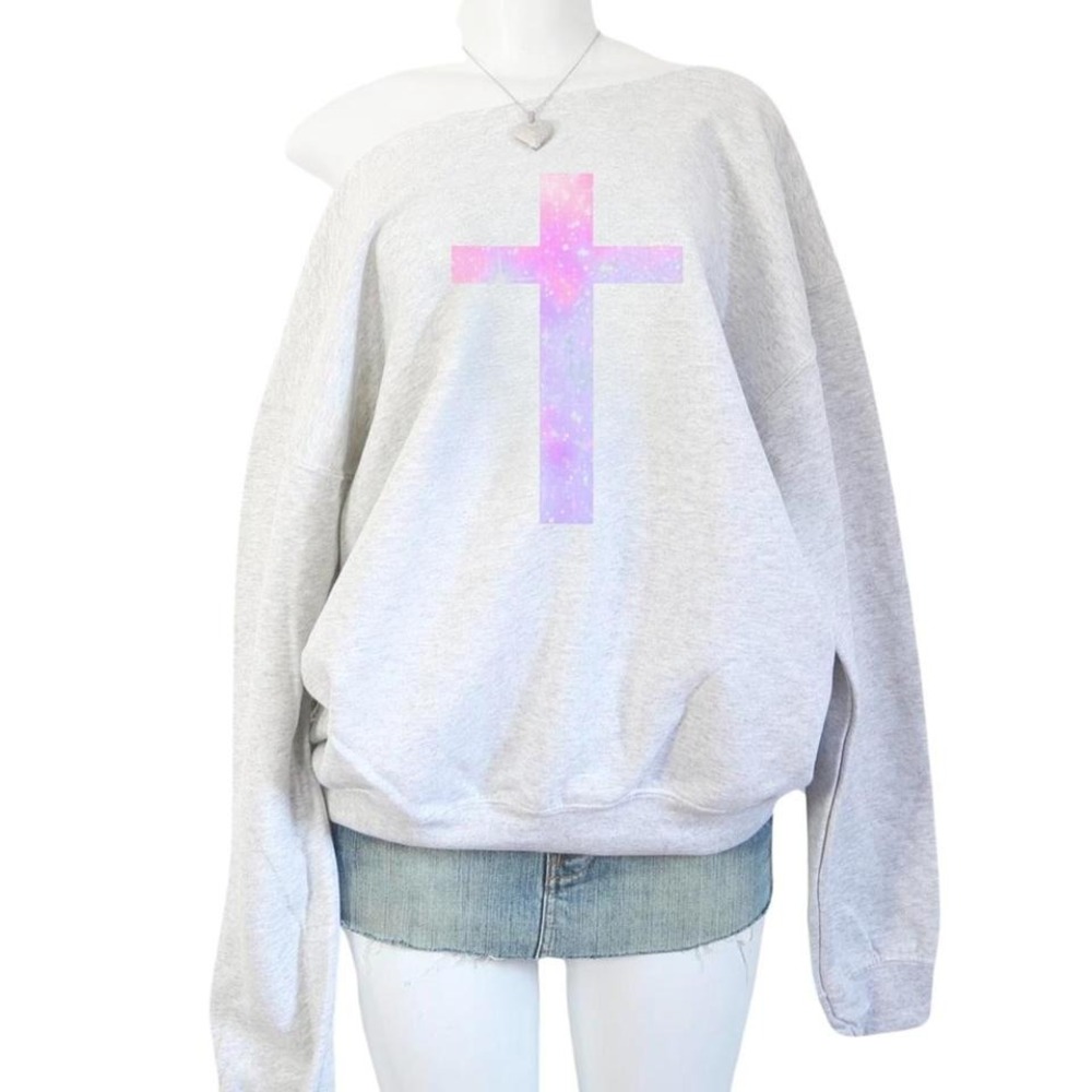 oversized off the shoulder galaxy cross graphic sweatshirt grey